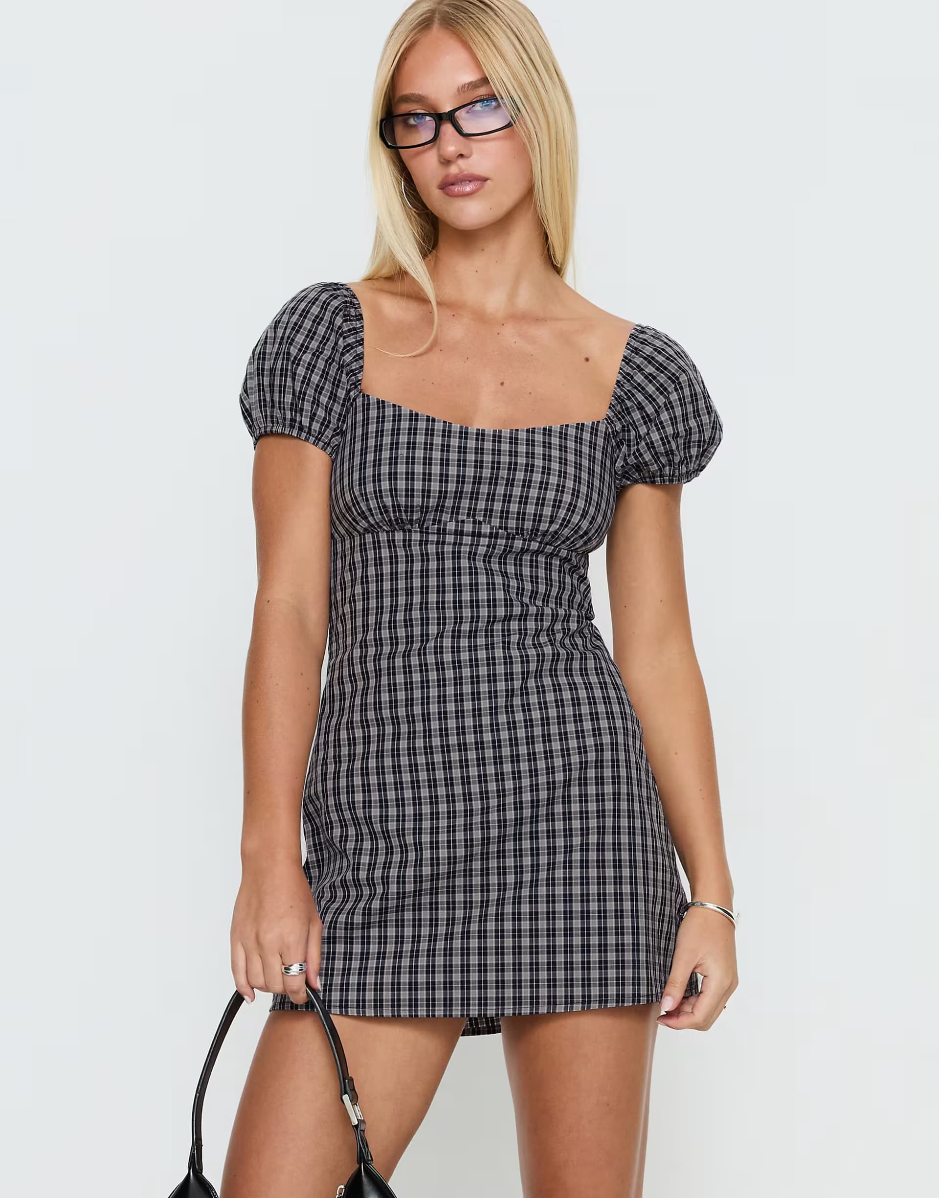 ASOS Princess Polly Sorynna cotton puff sleeve square neck built in short mini dress in navy check