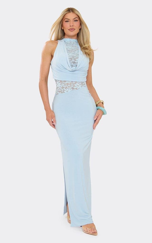 EGO Cowl Neck Lace Panel Side Split Maxi Dress In Baby Blue, Women's Size UK 6 - 2