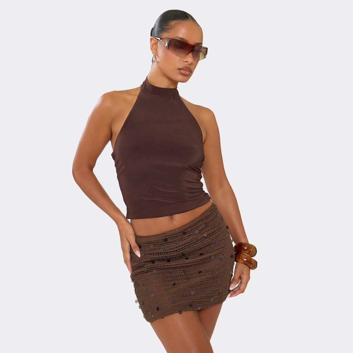 EGO Mid Rise Sequin Detail Mini Skirt In Chocolate Brown Crochet, Women's Size UK 6 - 1