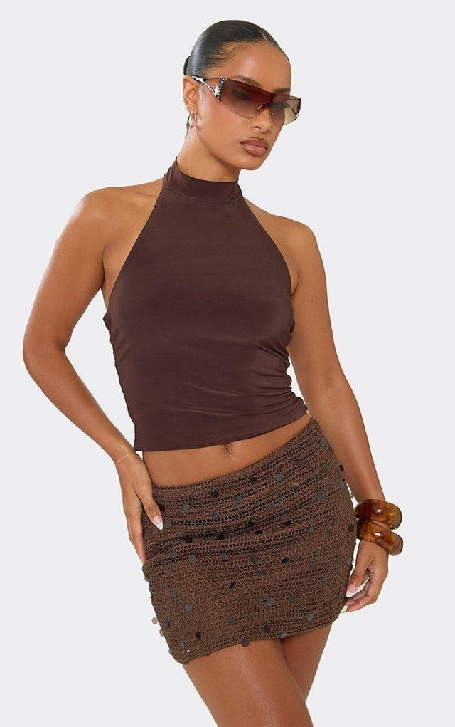 EGO Mid Rise Sequin Detail Mini Skirt In Chocolate Brown Crochet, Women's Size UK 6 - 2