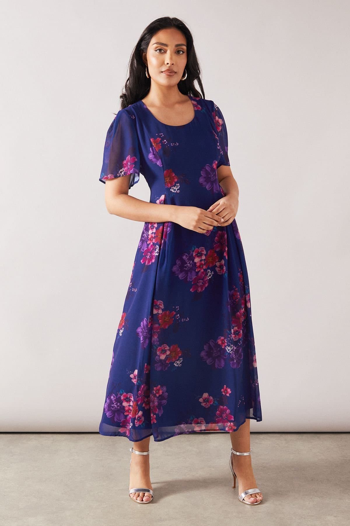 Wallis Wallis Women's Petite Printed Chiffon Midi Dress in Blue