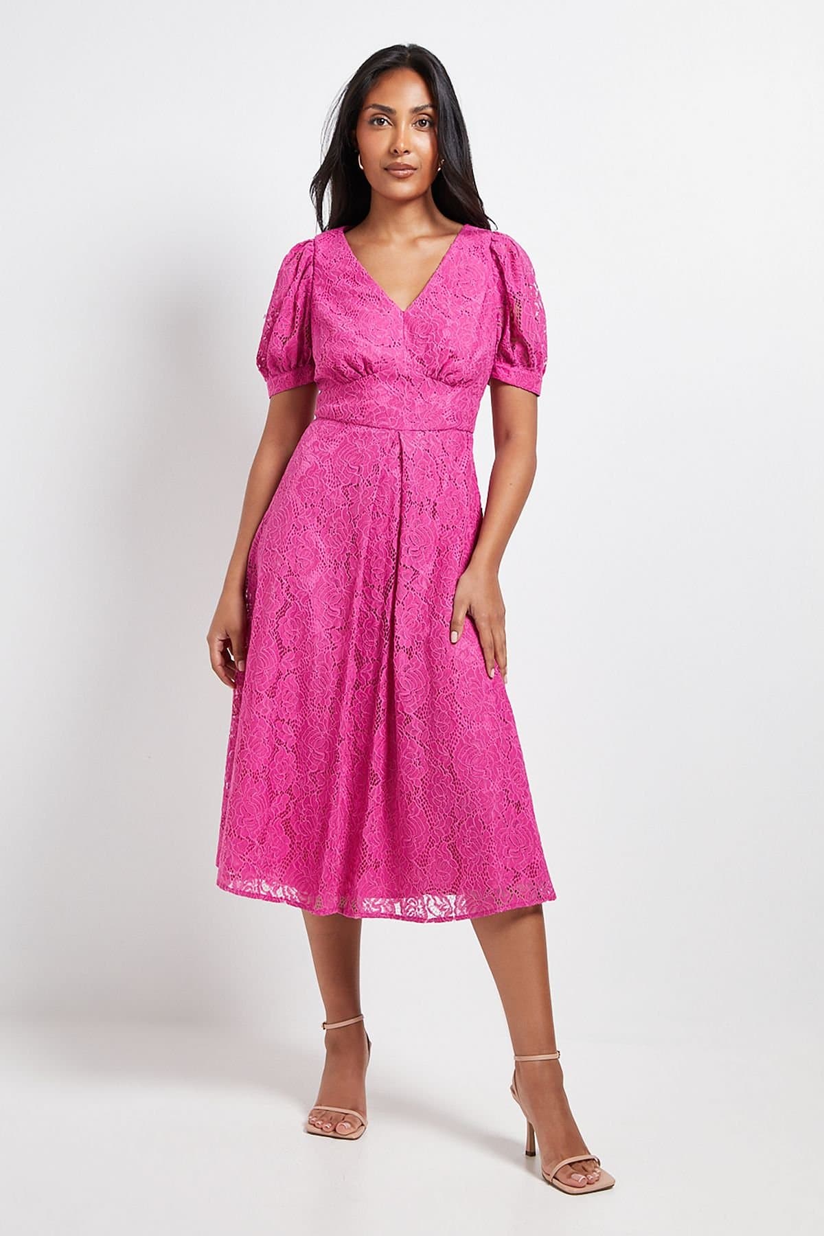 Wallis Wallis Women's Petite Lace V Neck Tea Midi Dress in Pink