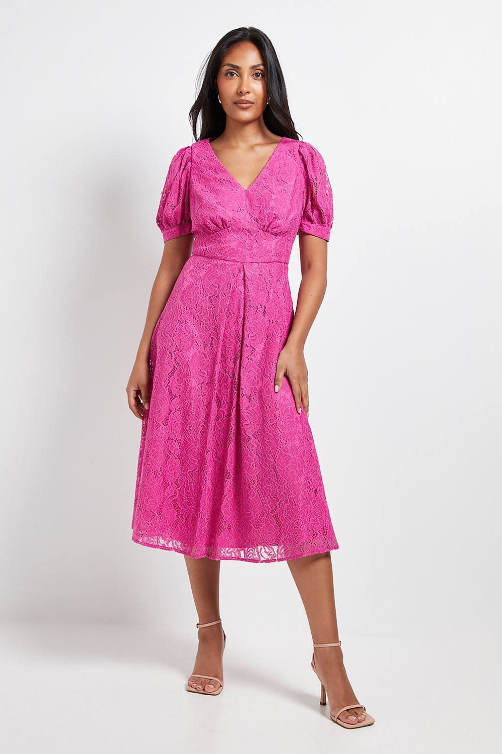 Wallis Wallis Women's Petite Lace V Neck Tea Midi Dress in Pink - 2
