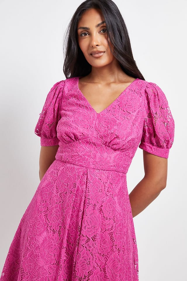 Wallis Wallis Women's Petite Lace V Neck Tea Midi Dress in Pink - 2
