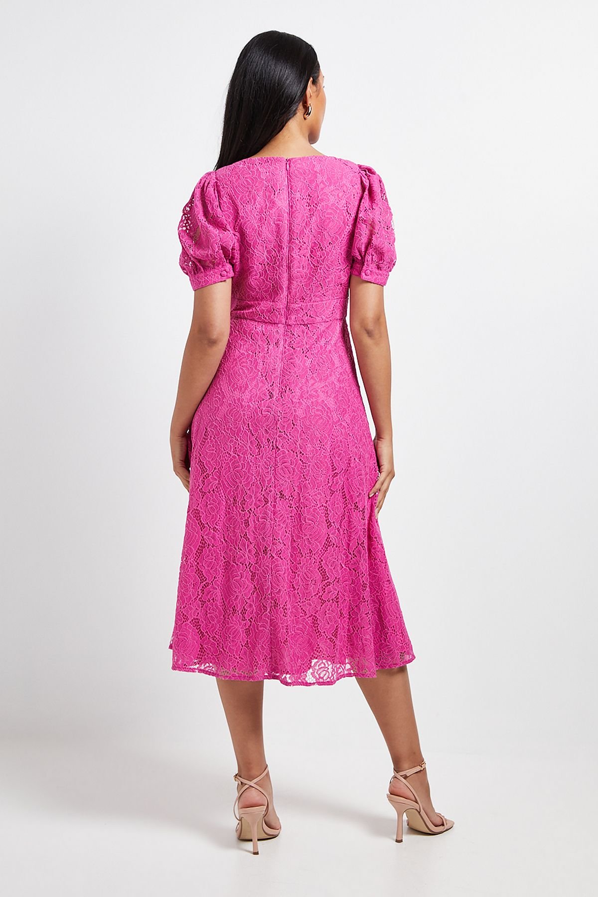 Wallis Wallis Women's Petite Lace V Neck Tea Midi Dress in Pink - 3