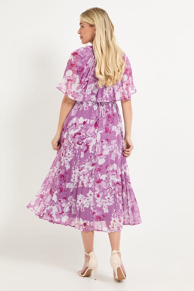 Wallis Wallis Women's Petite Floral Pleated Cape Sleeve Midi Dress in Pink - 3