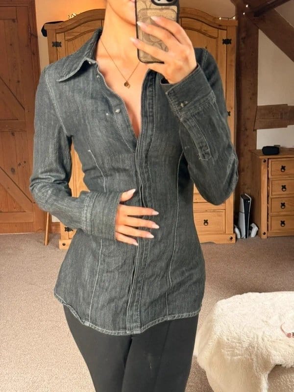 H&M Navy Fitted Denim Shirt