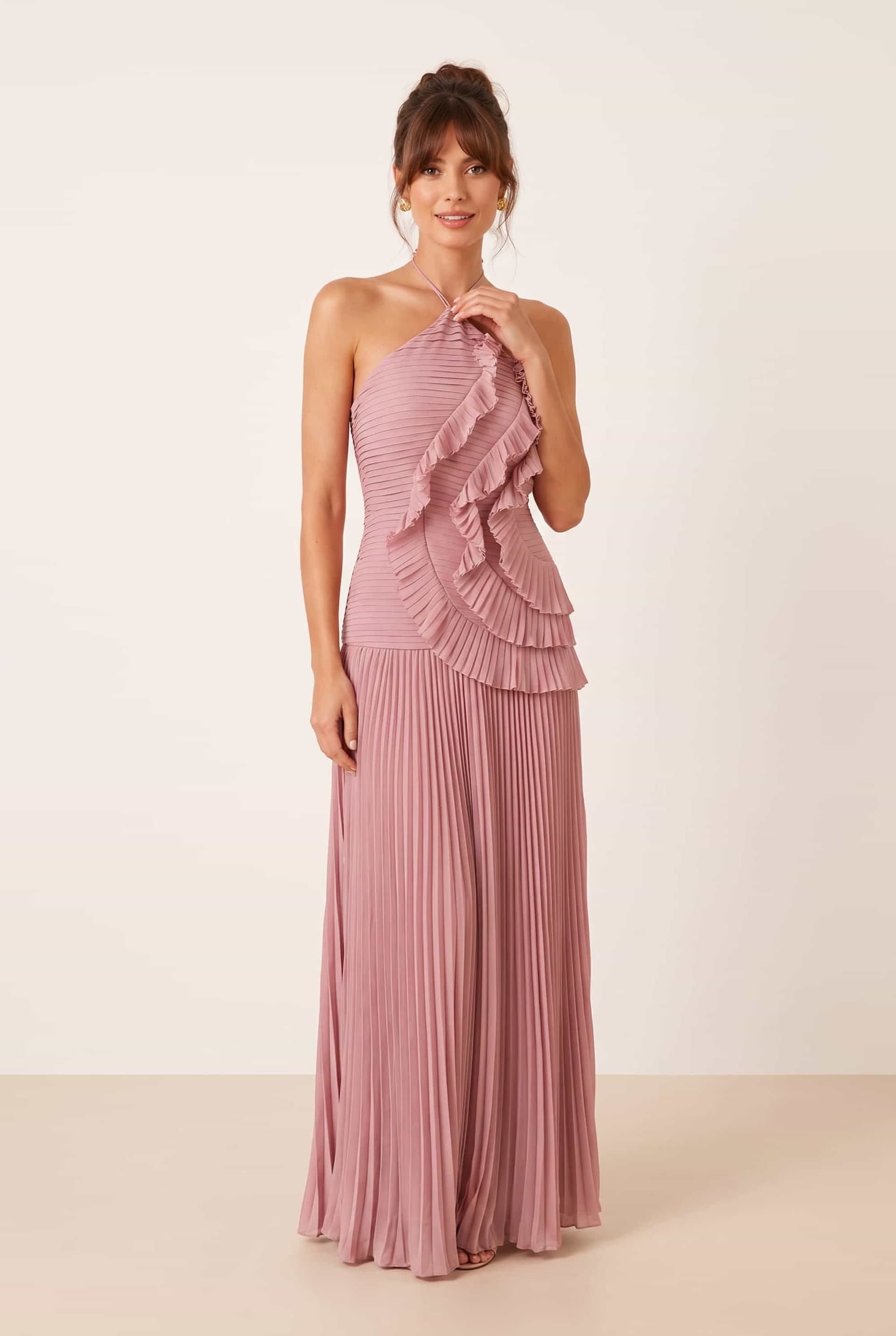 Style Cheat Style Cheat Women's Pleated halter tie dress in Dusky Pink in Dusty Pink