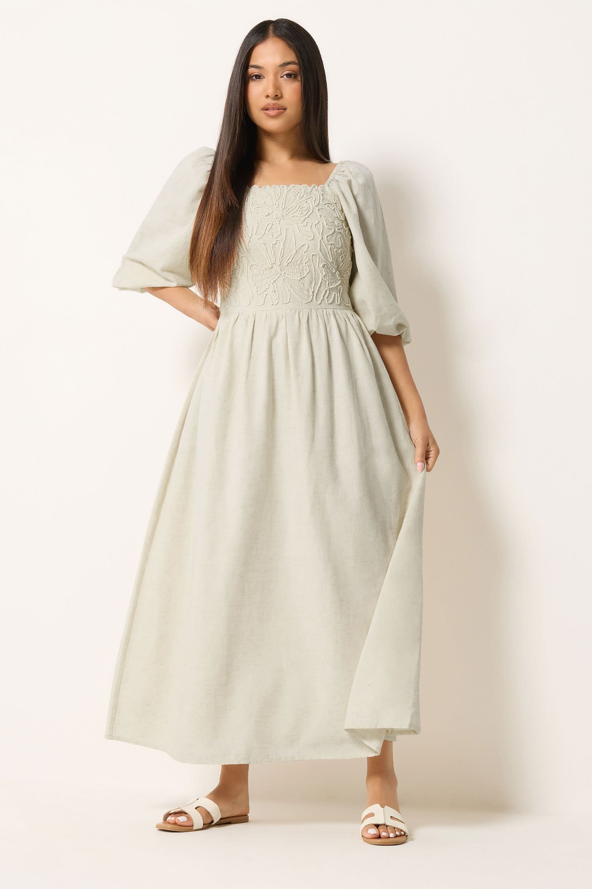 M&Co M&Co Women's Petite Short Sleeve Embroidered Trim Maxi Dress in Natural