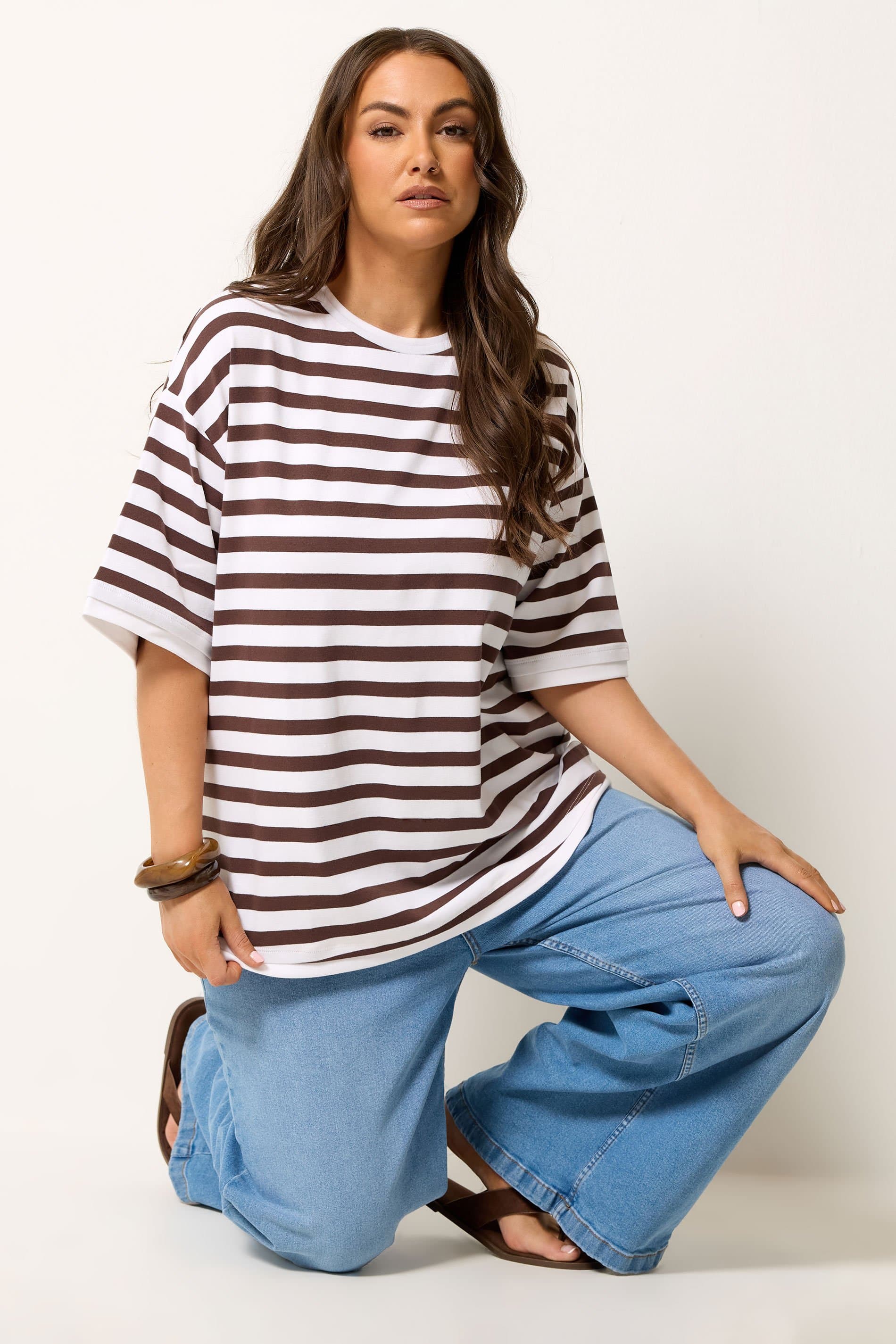 Yours Plus Size Chocolate Brown Stripe Longline Ringer Tshirt