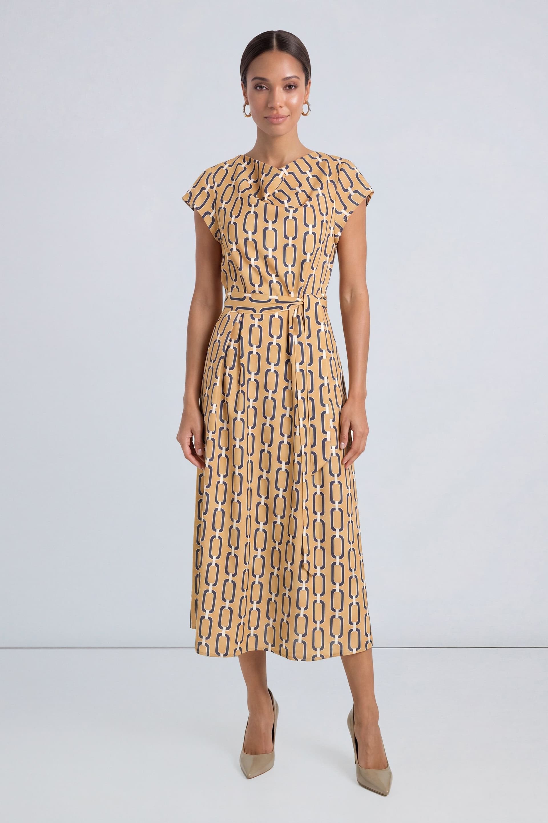 Principles Principles Women's Petite Cowl Neck Fit & Flare Midi Dress in Camel