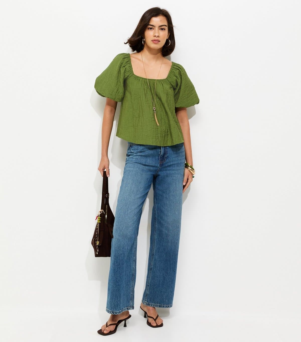 New Look Women's Green Square Neck Puff Sleeve Blouse New Look