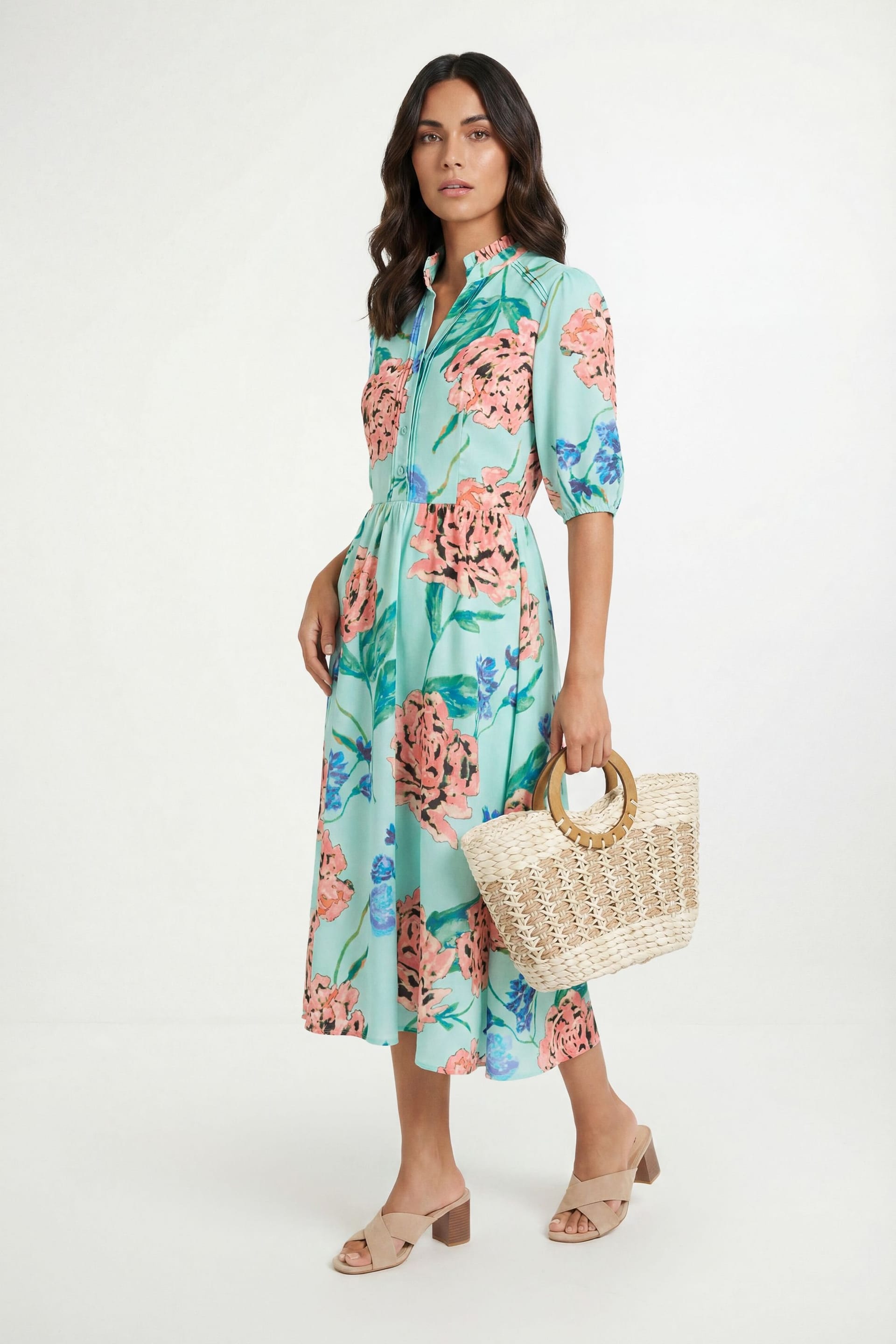 Wallis Mint Floral Puff Sleeve Midi Dress