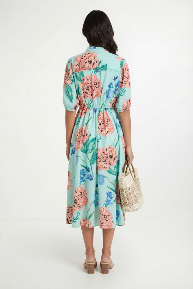 Wallis Wallis Women's Floral Puff Sleeve Pintuck Midi Dress in Mint - 2
