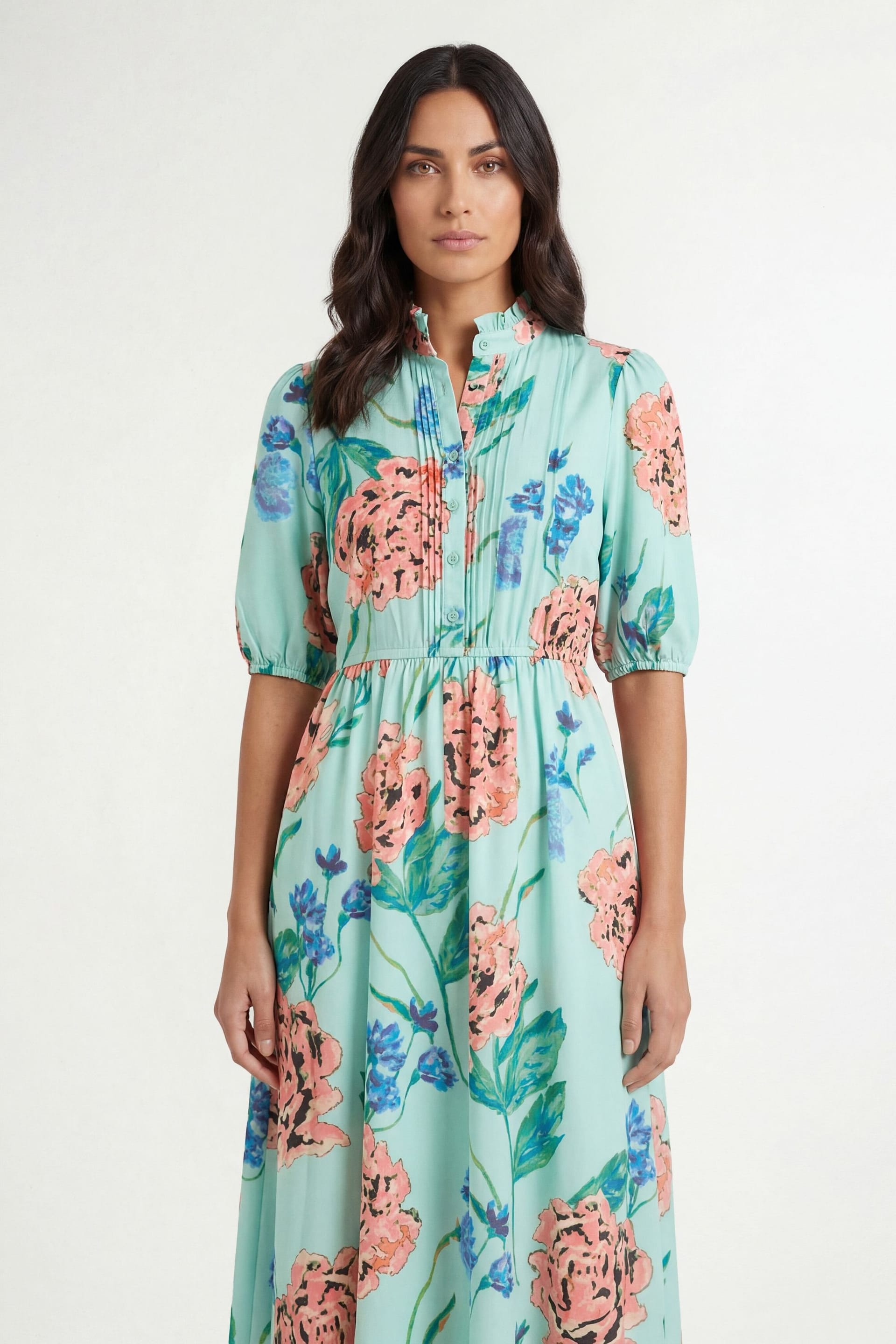 Wallis Wallis Women's Floral Puff Sleeve Pintuck Midi Dress in Mint - 4