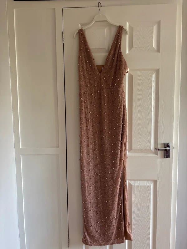 Oh Polly Oh Polly Nude maxi dress embellished with beads & pearls size 12 BNWT