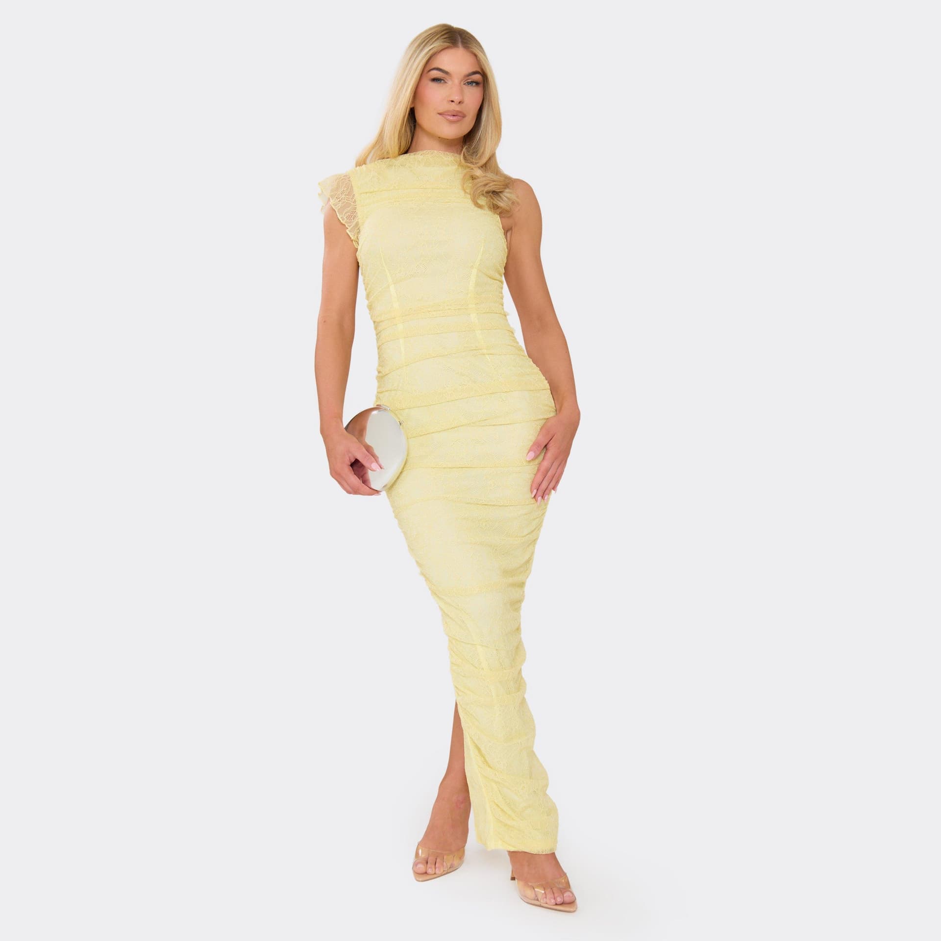 EGO Sleeveless Ruched Maxi Dress In Lemon Lace, Women's Size UK 6
