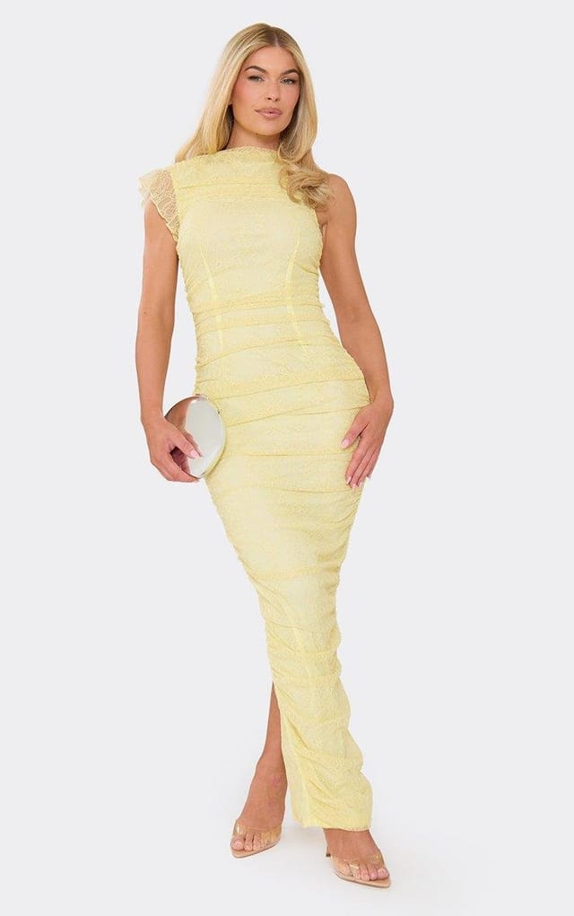 EGO Sleeveless Ruched Maxi Dress In Lemon Lace, Women's Size UK 6 - 2