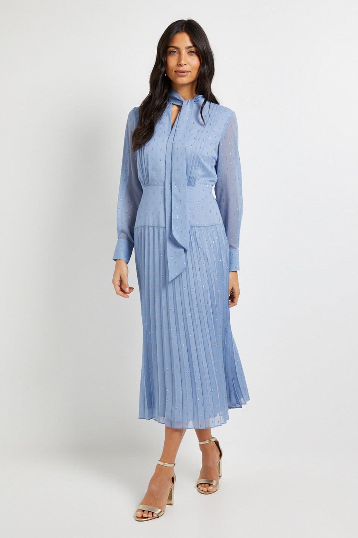 Wallis Wallis Women's Clipped Tie Neck Pleated Shirt Dress in Blue