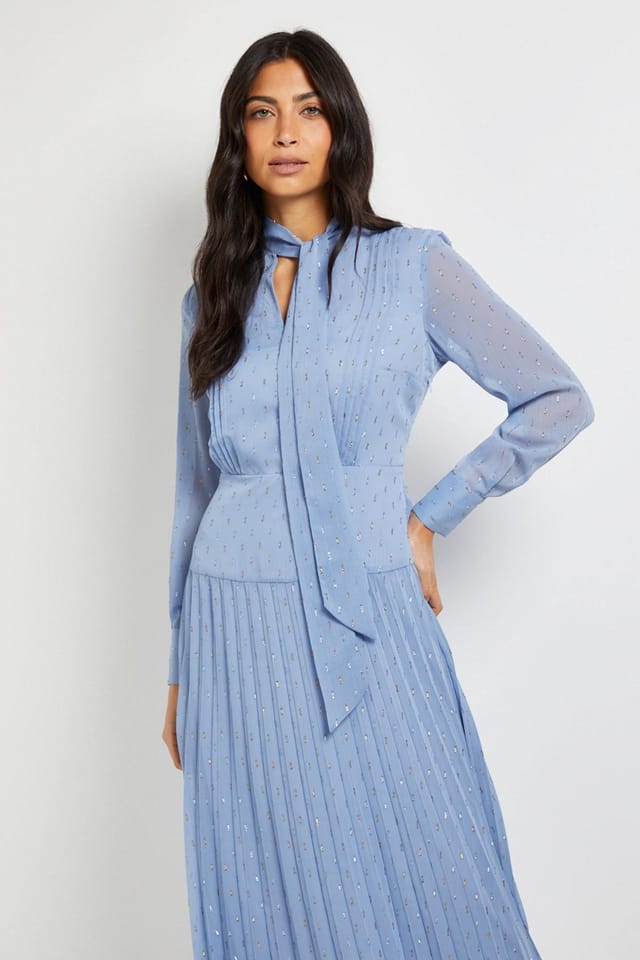Wallis Wallis Women's Clipped Tie Neck Pleated Shirt Dress in Blue - 2