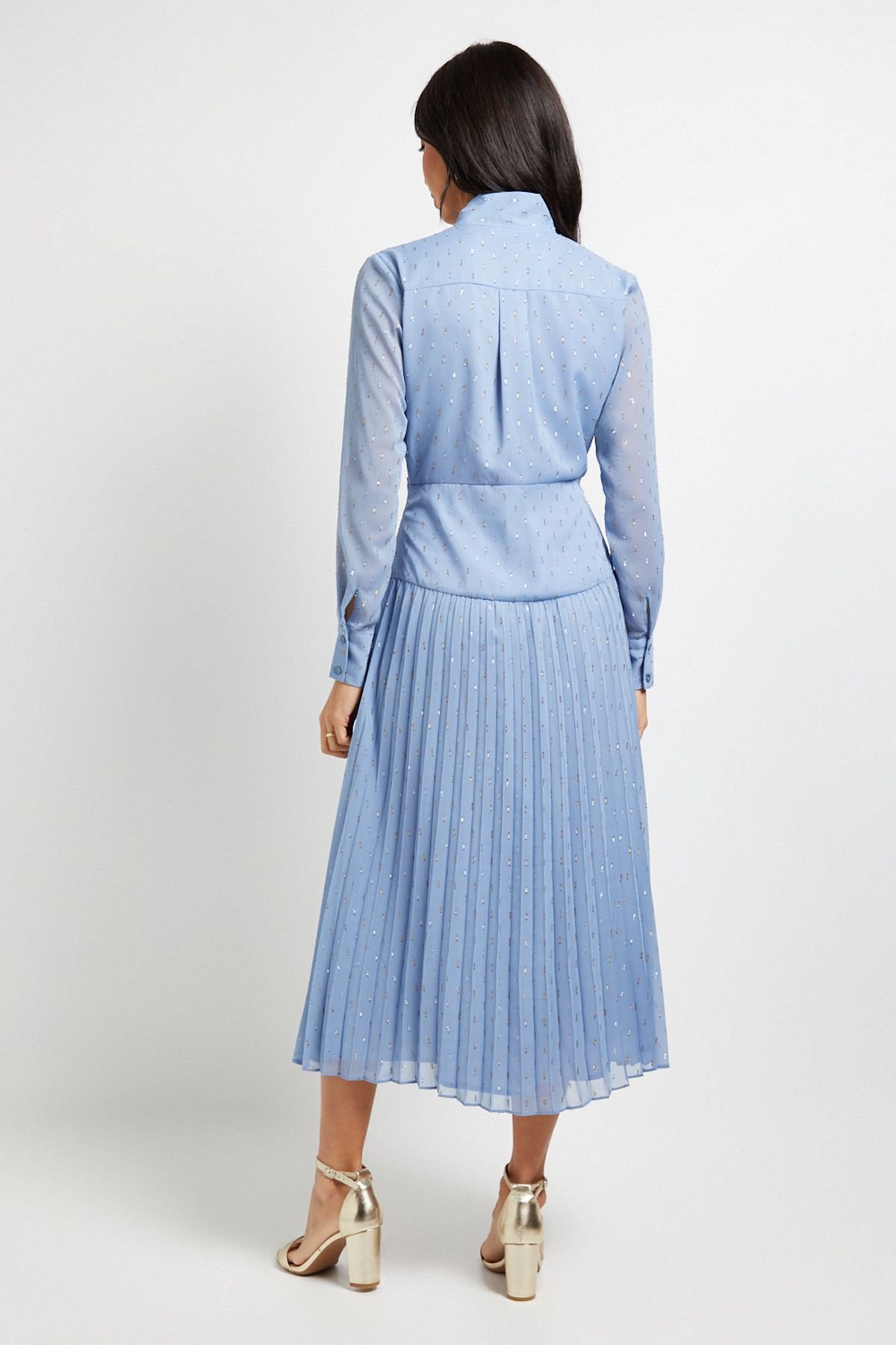 Wallis Wallis Women's Clipped Tie Neck Pleated Shirt Dress in Blue - 3