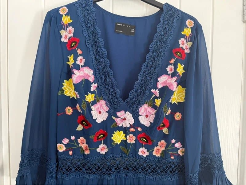 ASOS Design Blue floral chiffon pleated embroidered bodice dress