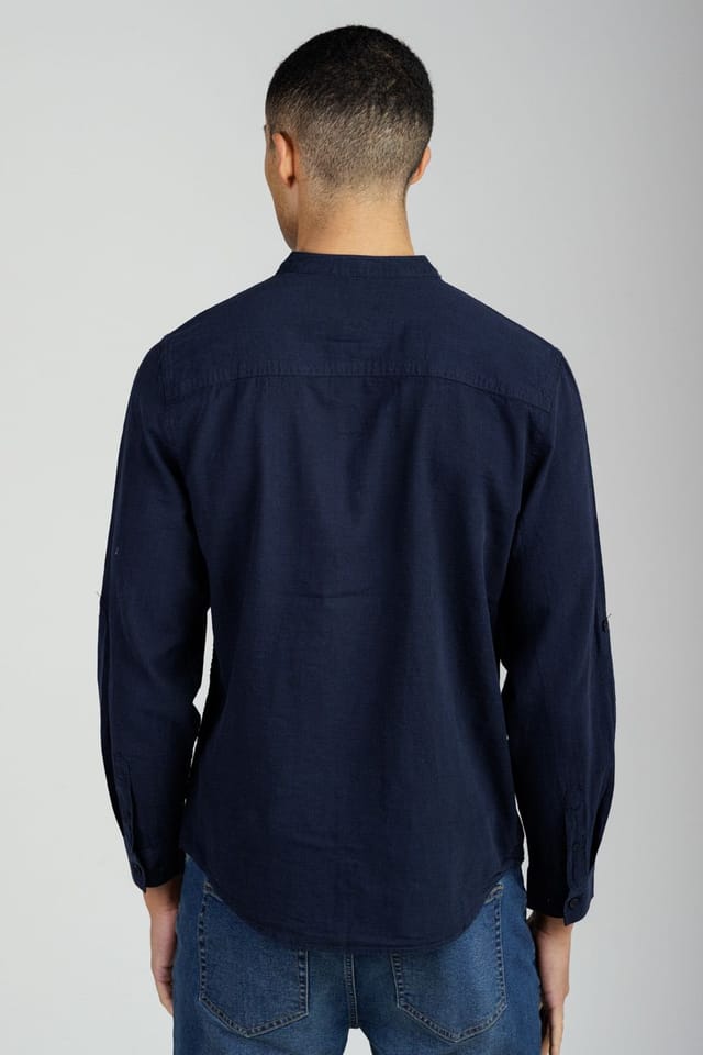 Tokyo Laundry Tokyo Laundry Men's Linen Blend Long Sleeve Button-Up Shirt with Grandad Collar in Navy - 2