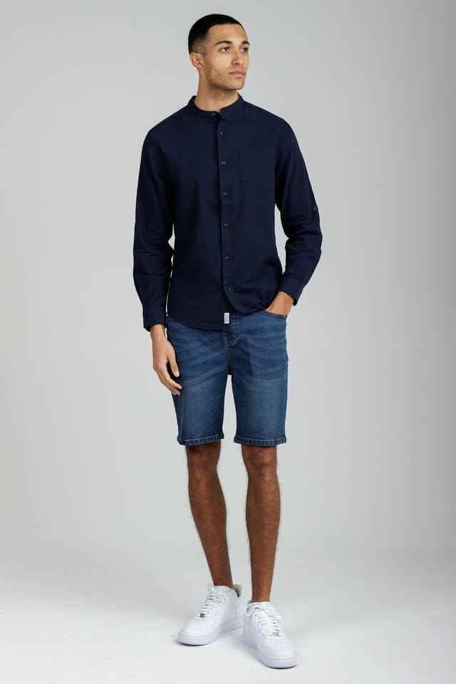 Tokyo Laundry Tokyo Laundry Men's Linen Blend Long Sleeve Button-Up Shirt with Grandad Collar in Navy - 3