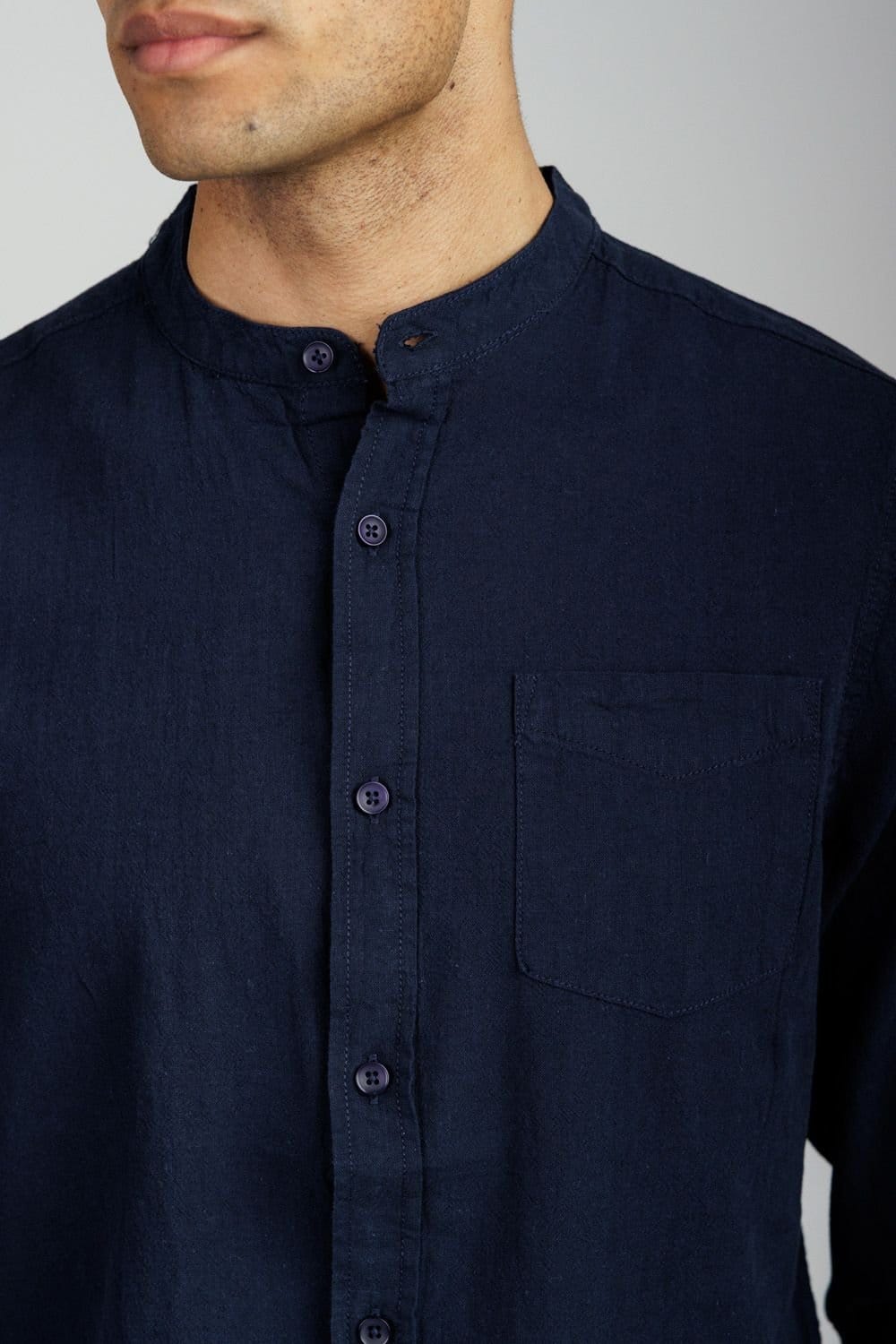 Tokyo Laundry Tokyo Laundry Men's Linen Blend Long Sleeve Button-Up Shirt with Grandad Collar in Navy - 4