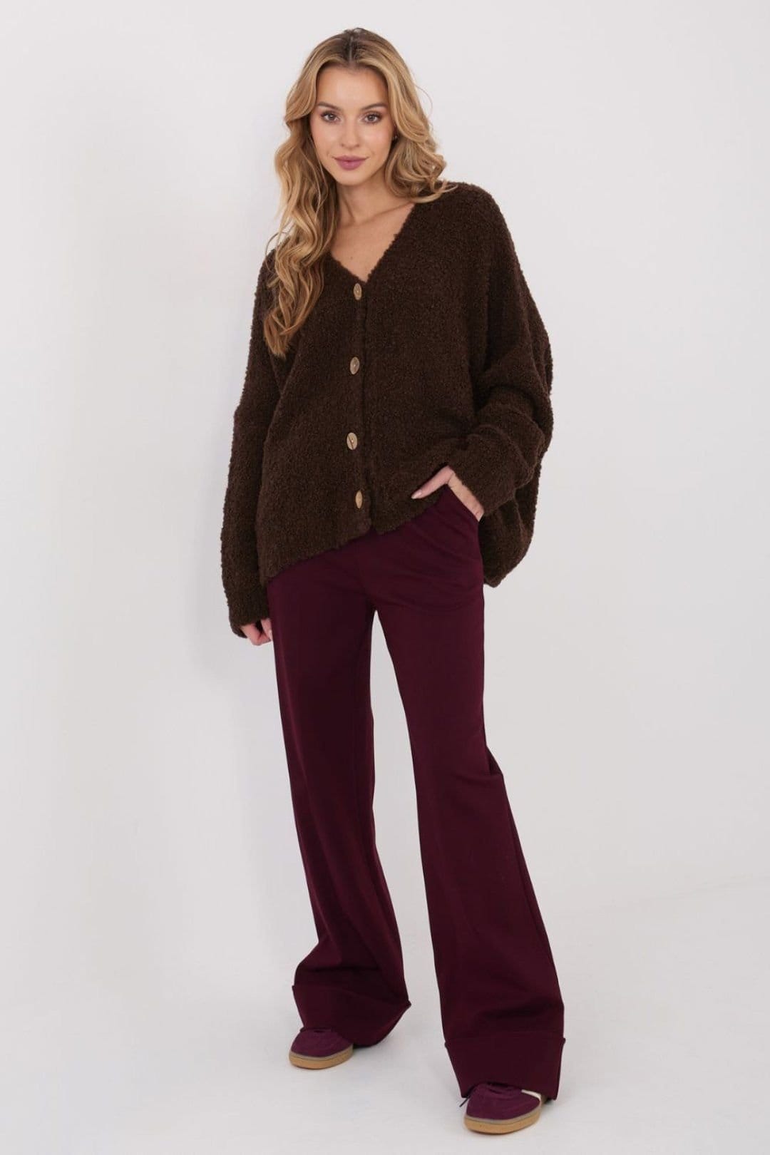 Love Lace Love Lace Women's Loose Acrylic Wool Blend V Neck Button Cardigan in Brown - 4