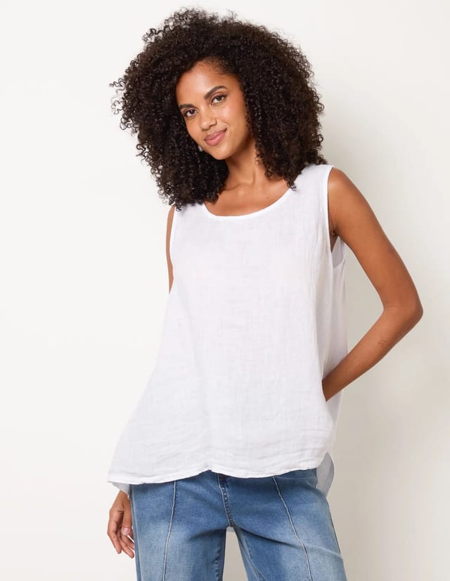 Blue Vanilla Jersey Back Linen Woven Front Sleeveless Top - 2