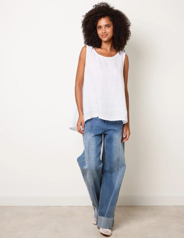 Blue Vanilla Jersey Back Linen Woven Front Sleeveless Top - 3