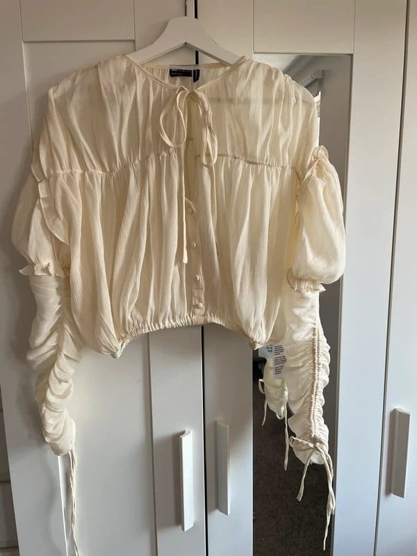 Asos Design Cream Sheer Blouse With Rushed Sleeves In Size 8