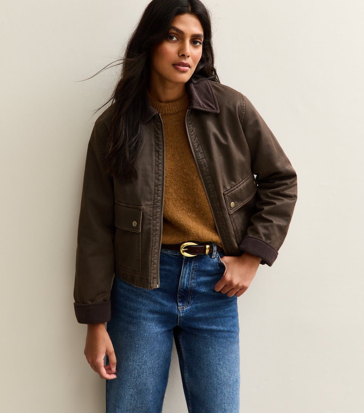 New Look Women's Brown Cropped Waxed Look Barn Jacket New Look
