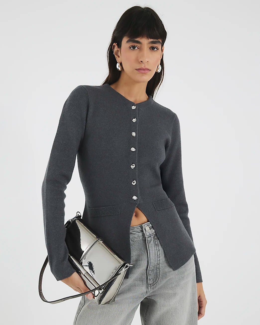River Island River Island Womens Grey Knitted Button Up Cardigan