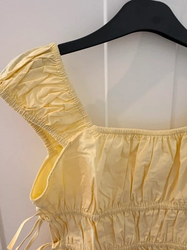 Topshop Topshop BN 100% cotton yellow blouse cinched waist short sleeve tiered tie side - 1