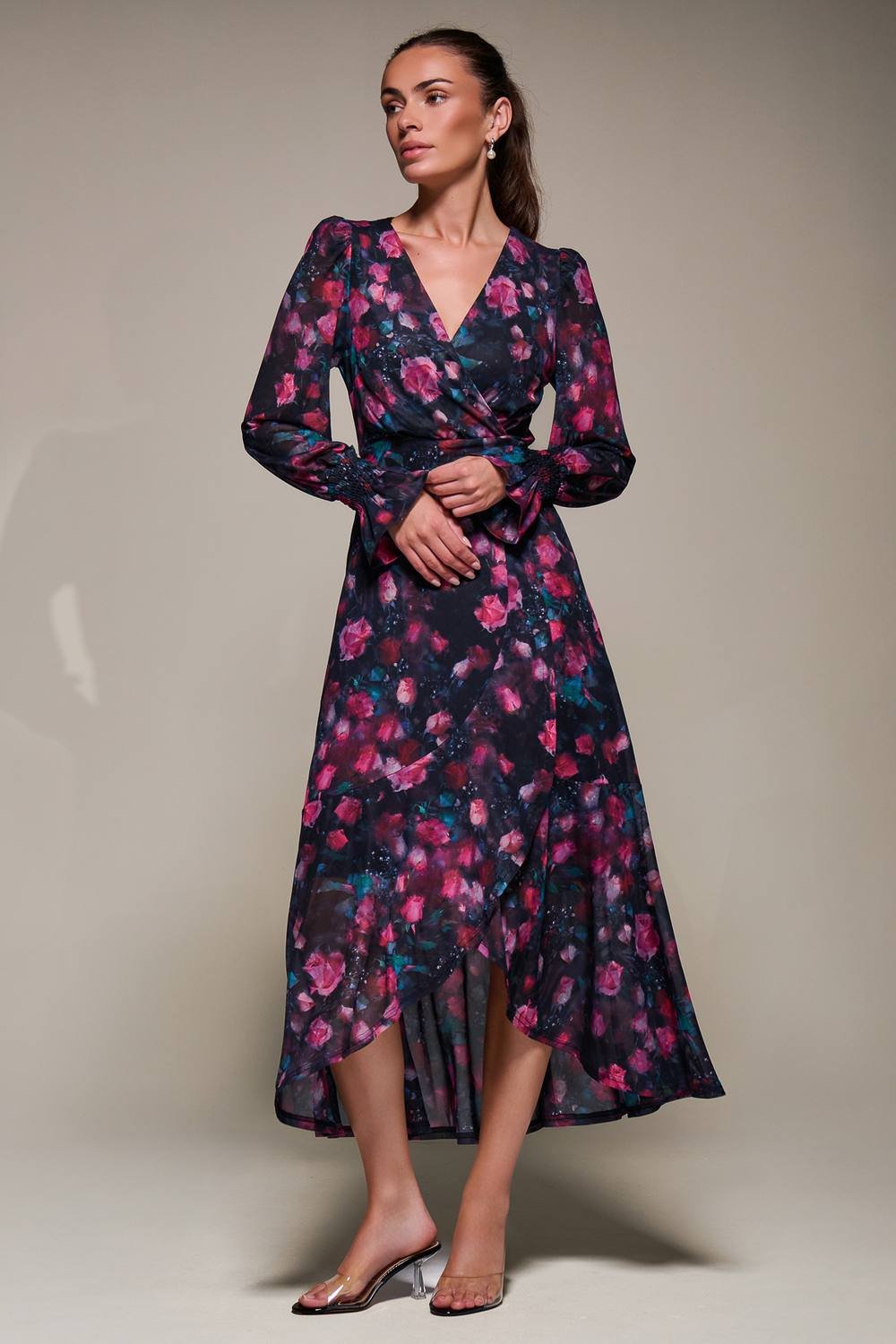 Jolie Moi Jolie Moi Women's Ruffle Cuffed Sleeve Frill Mesh Maxi Dress in Navy - 2