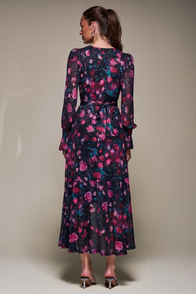 Jolie Moi Jolie Moi Women's Ruffle Cuffed Sleeve Frill Mesh Maxi Dress in Navy - 2