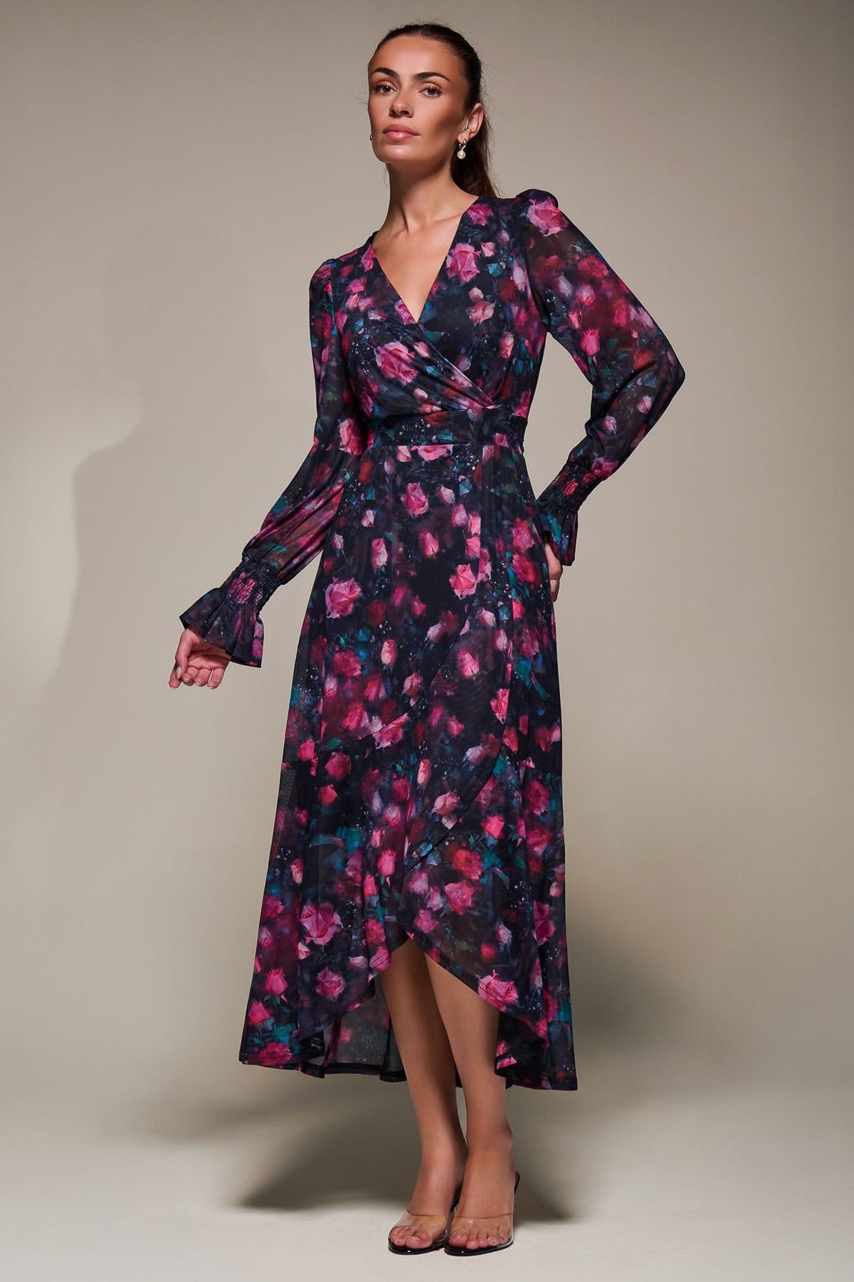 Jolie Moi Jolie Moi Women's Ruffle Cuffed Sleeve Frill Mesh Maxi Dress in Navy - 4