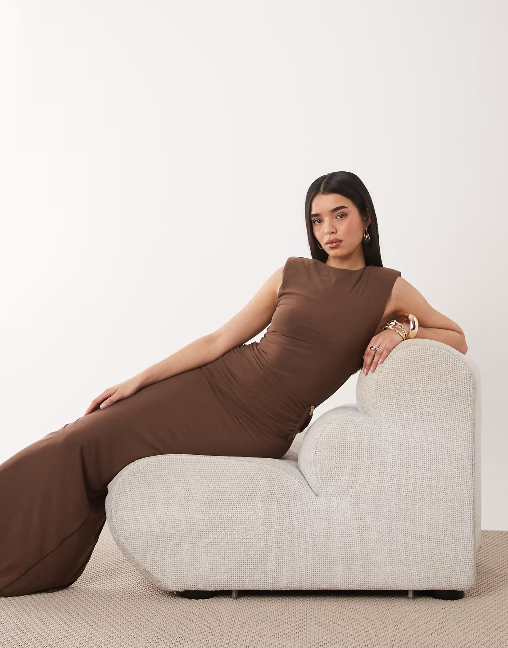 ASOS Wanderdoll Bronte sculpting sleeveless gold hardware detail maxi dress in chocolate