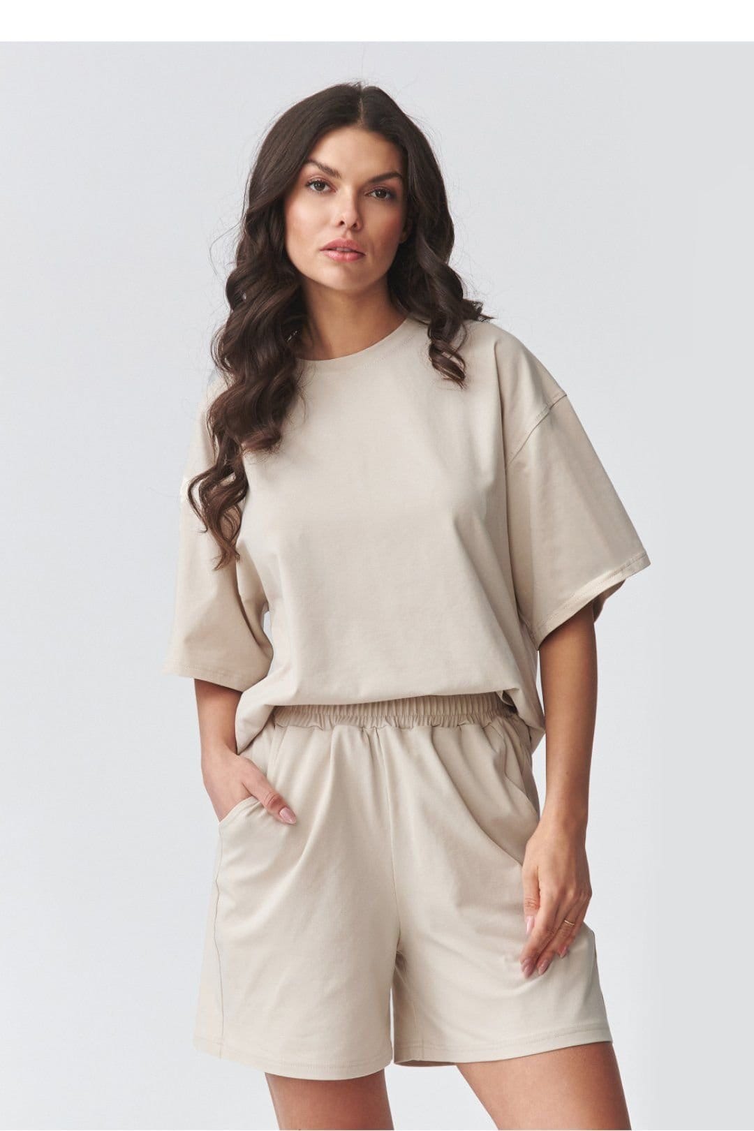 Love Lace Beige Loose Blouse & Shorts Set for Women