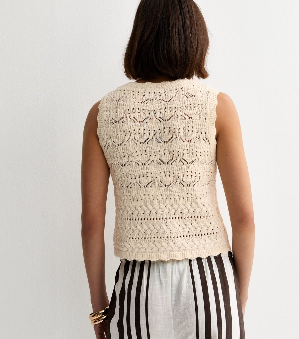 New Look Women's Cream Cotton Rich Wave Stitchy Tie Waistcoat New Look - 4