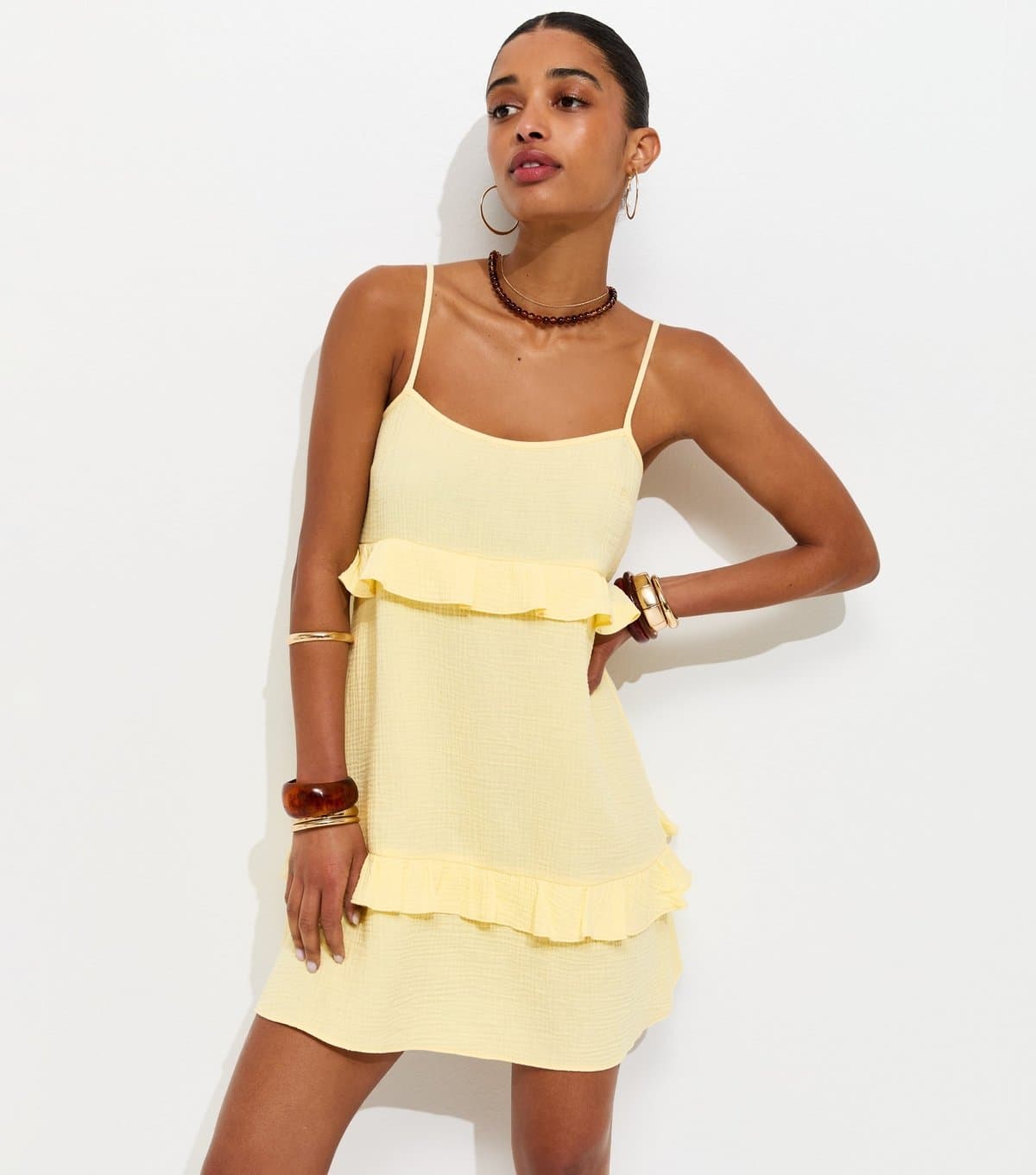 New Look Women's Light Yellow Crinkle Texture Ruffle Trim Mini Dress New Look