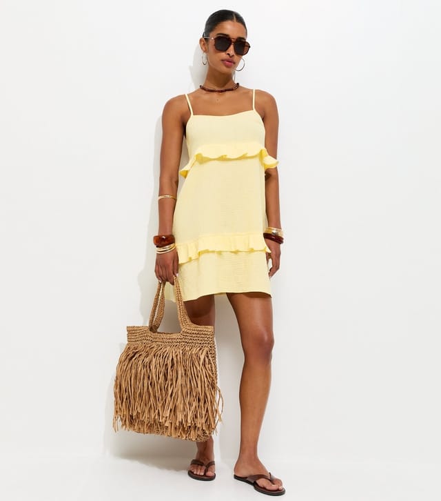 New Look Women's Light Yellow Crinkle Texture Ruffle Trim Mini Dress New Look - 3