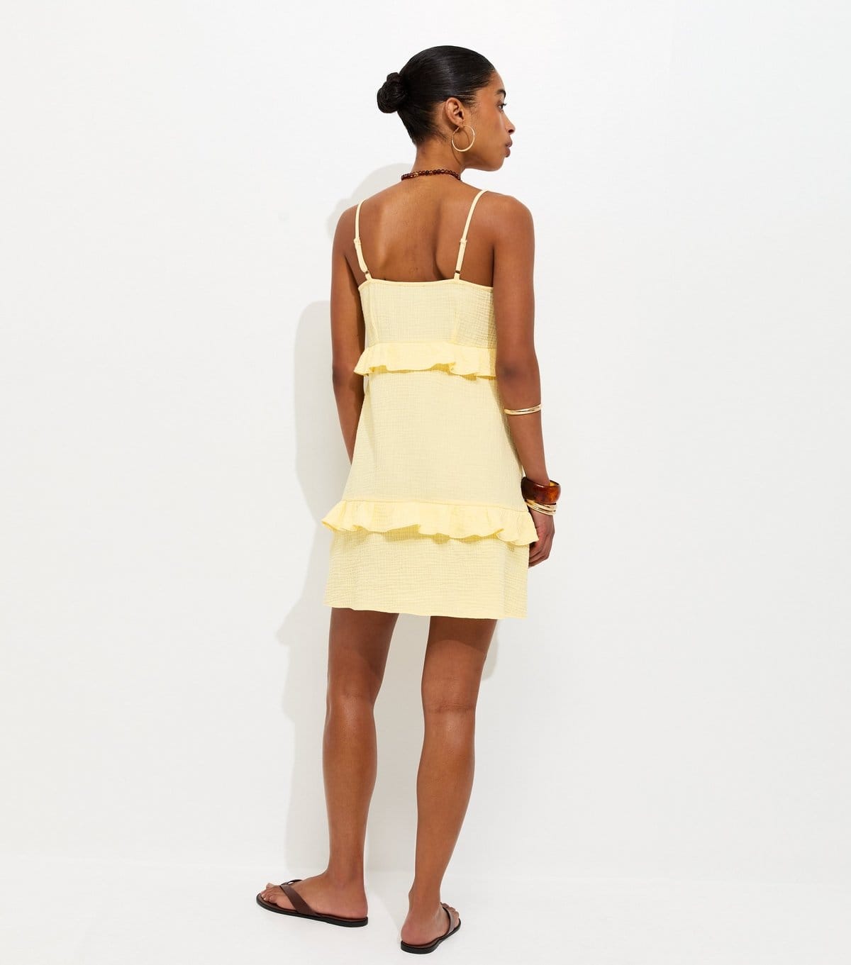 New Look Women's Light Yellow Crinkle Texture Ruffle Trim Mini Dress New Look - 4