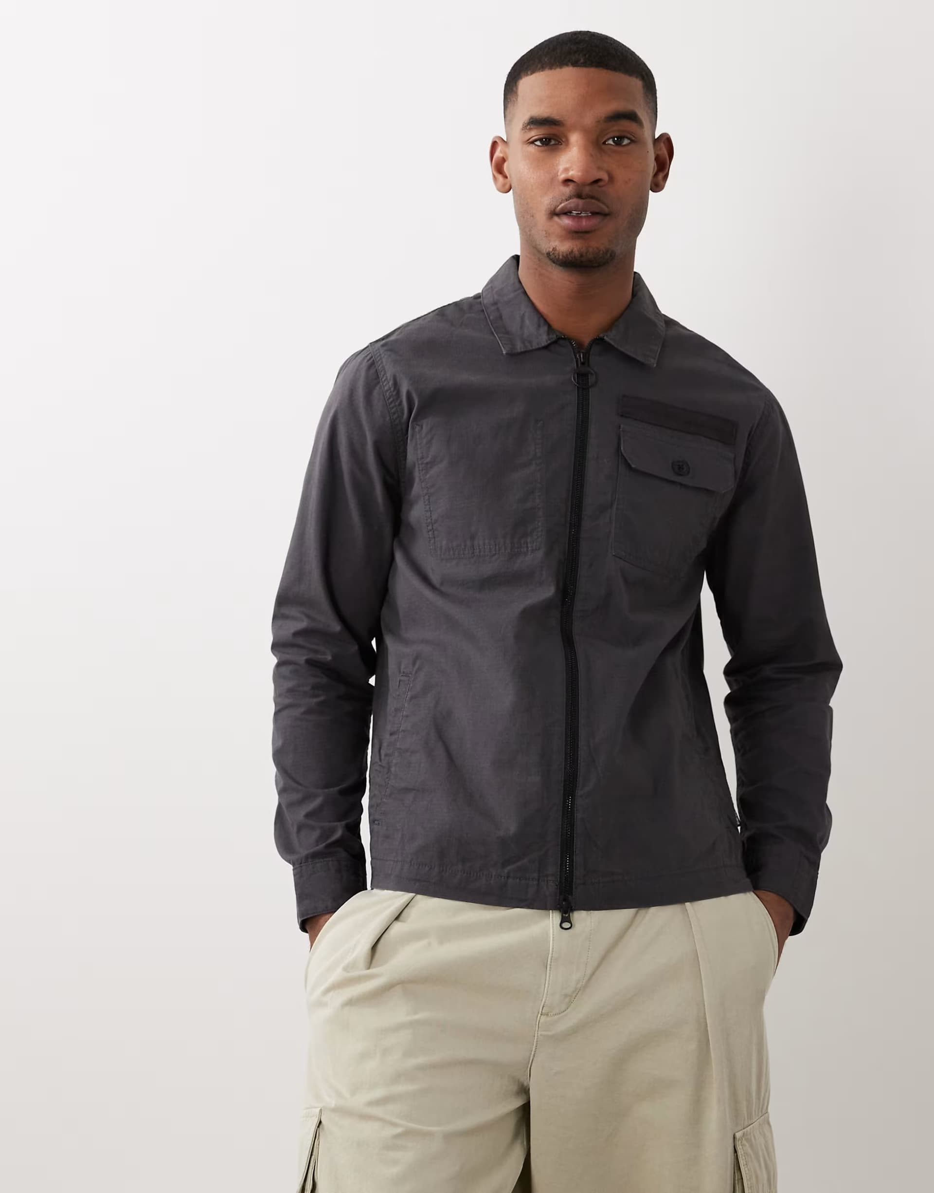 ASOS Barbour Crail wax ripstop zip through  overshirt in charcoal grey