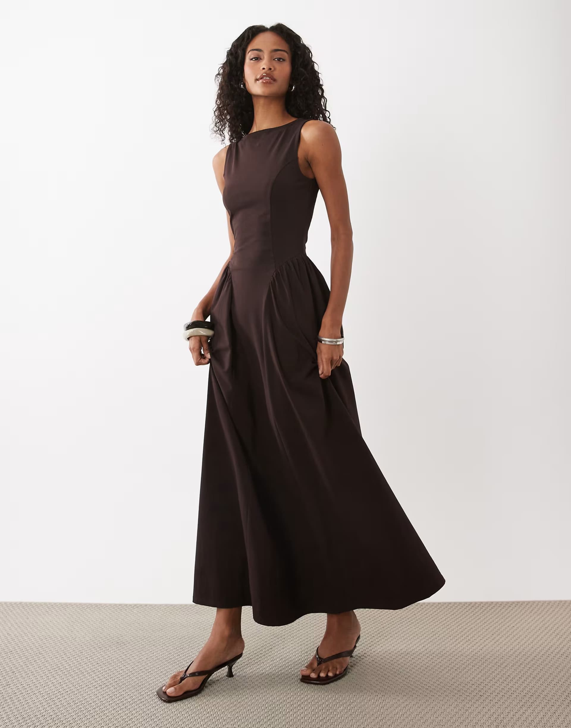 ASOS ASOS DESIGN boat neck waist detail midi dress in chocolate