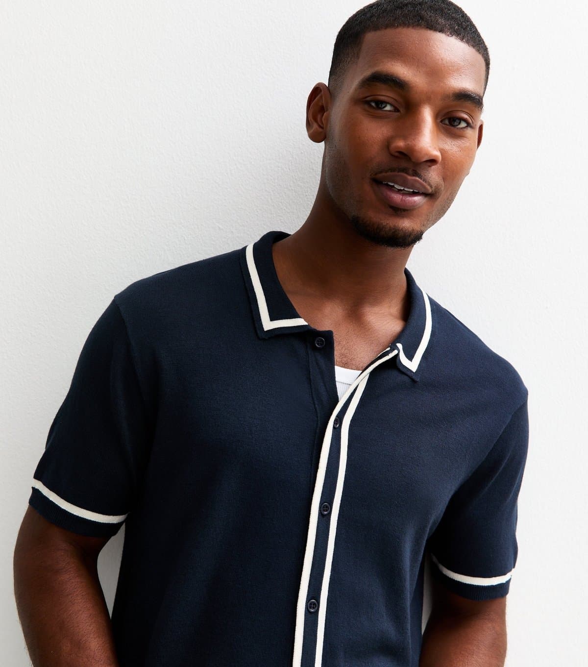 New Look Men's Dark Blue Regular Fit Contrast Trim Stripe Placket Shirt New Look