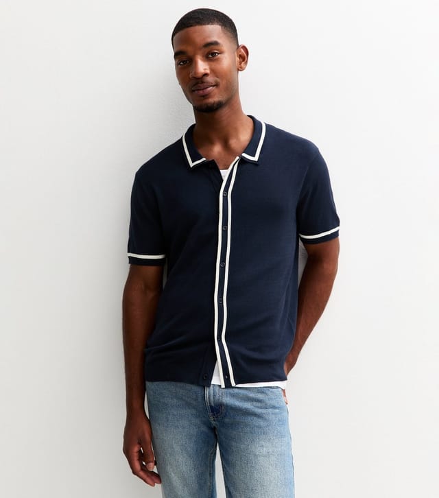 New Look Men's Dark Blue Regular Fit Contrast Trim Stripe Placket Shirt New Look - 2