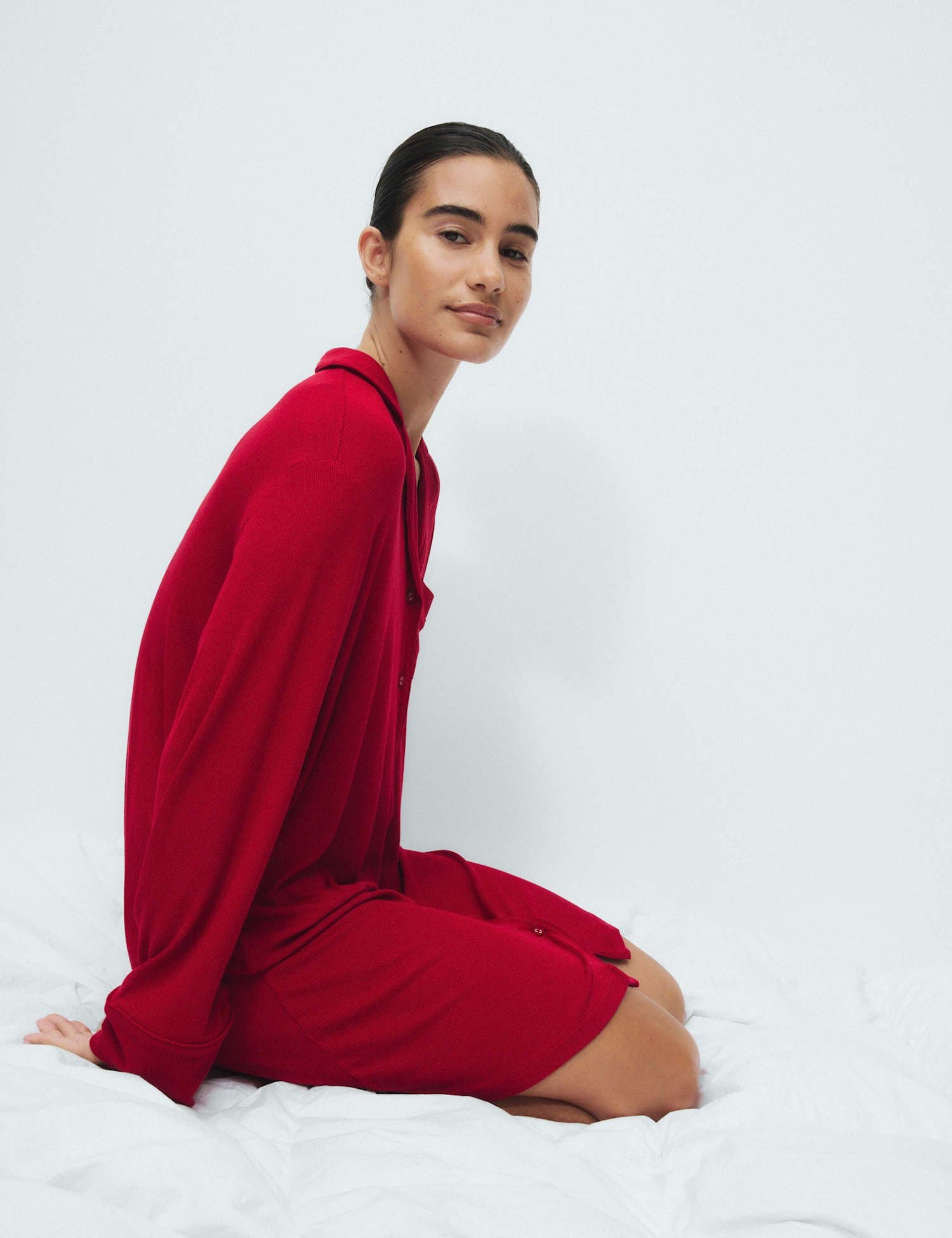 Marks & Spencer M&S Ribbed Collared Long Sleeve Nightshirt Red